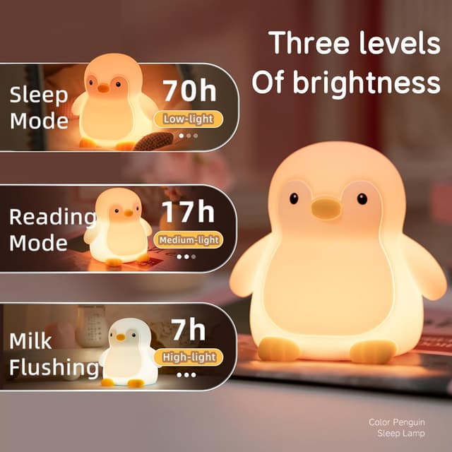 Detalle de JMG-Myratts Myratts Kids Night Light – soft silicone penguin lamp with dimmer & 20-minute timer (USB rechargeable)