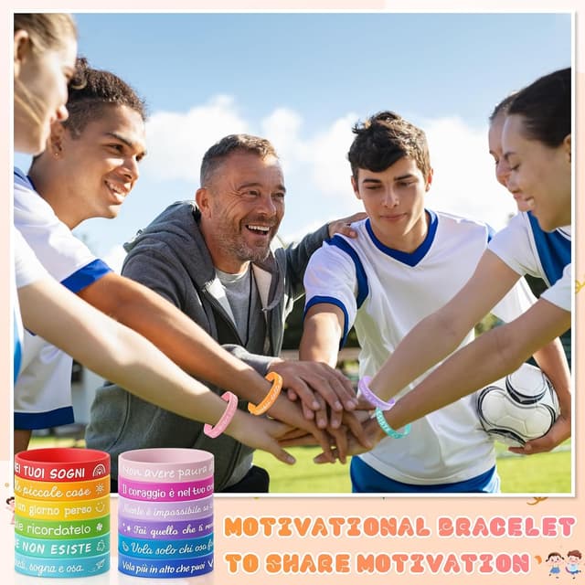 Detalle de Confezione da 24 braccialetti bambini in silicone con frasi motivazionali e amicizia (Tccydm 24)