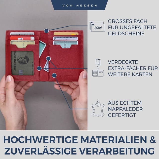 Detalle de VON HEESEN Leder-Geldbörse mit RFID-Schutz (Rot) – Herren & Damen, Echtleder