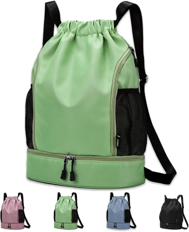 Detalle de RainFlowwer Waterproof Drawstring Gym Bag with Shoe Compartment (Large) – Sports Backpack for Gym, Travel, Hiking & Daily Use