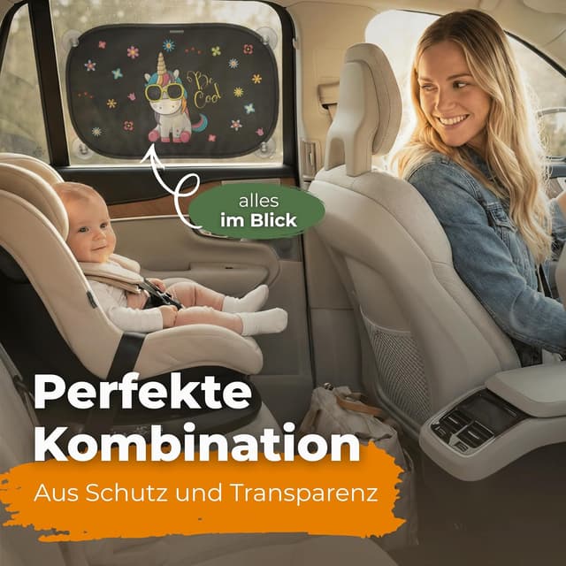 Detalle 2 de CARAMAZ Sonnenschutz fürs Auto Baby „Einhorn“ mit zertifiziertem UV-Schutz, universell passend (2 Stück) – 48 x 30 cm