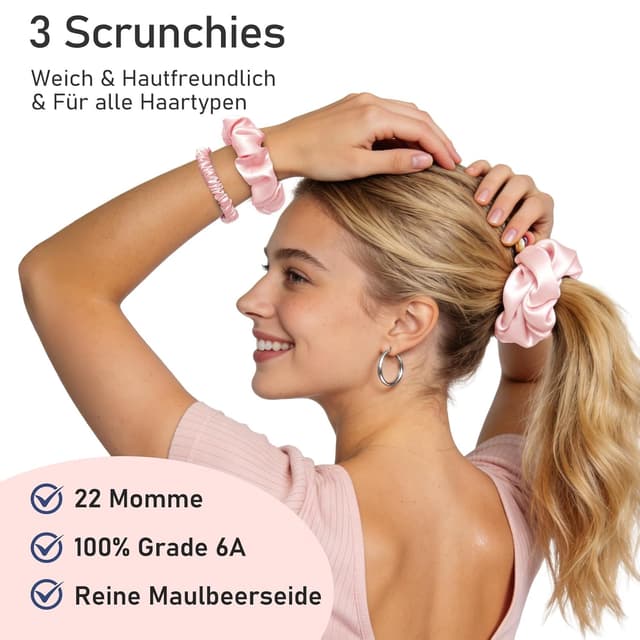 Detalle 2 de LitBear Seiden Scrunchies 3er-Set (100% Maulbeerseide) in 3 Größen – sanftes Haargummi gegen Haarbruch