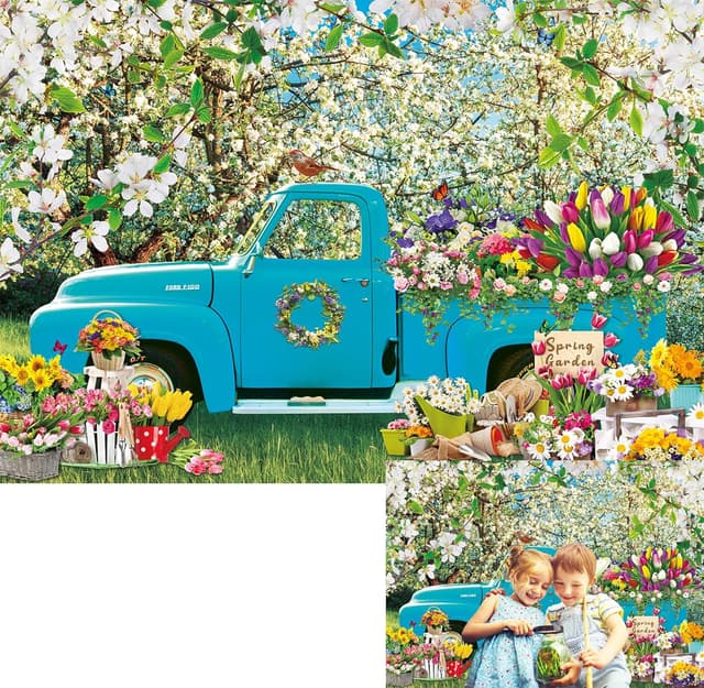 Detalle de BINQOO Frühlingsblumen-Hintergrund mit blauem LKW (Vinyl), 2,1 m x 1,5 m – Fotografie- & Deko-Backdrop für Frühling/Ostern