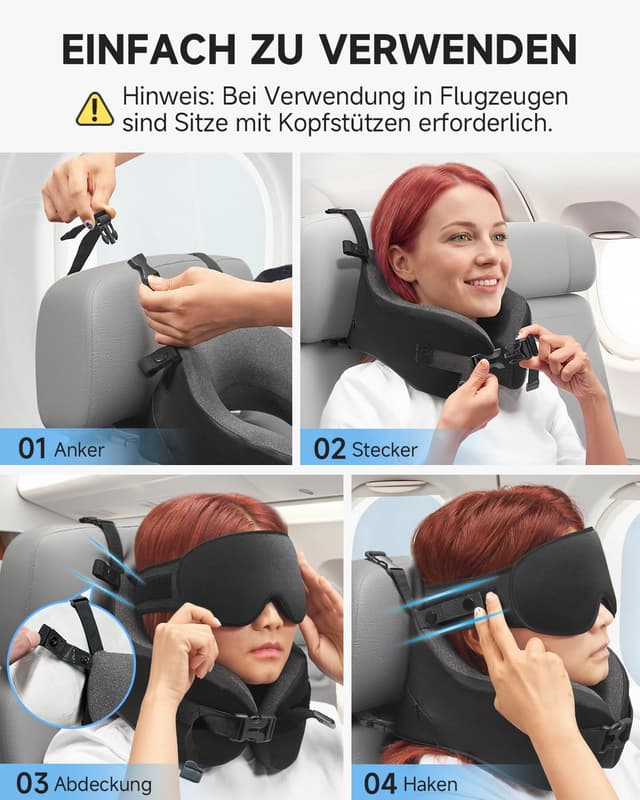 Detalle de Umisleep Nackenkissen Flugzeug mit 3D-Schlafmaske und Memory Foam – 360°-Stütze für Kopf & Nacken, Schwarz