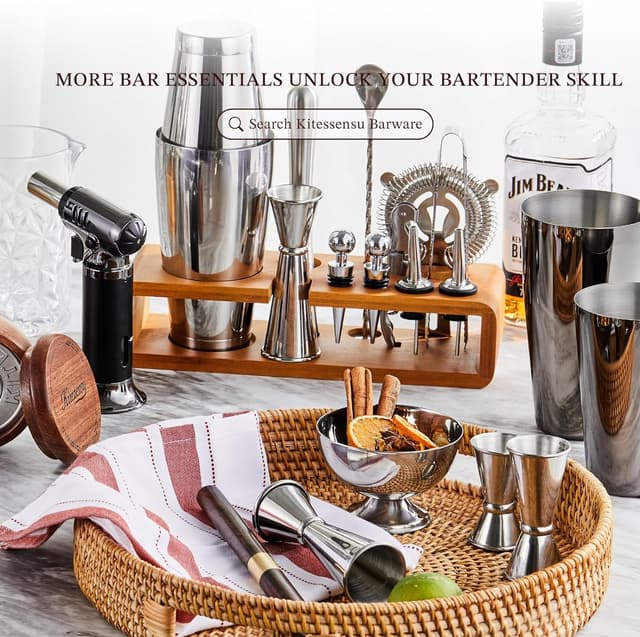 Detalle de KITESSENSU Cocktail Shaker Set Bartender Kit with Stand (15-Piece) in Black