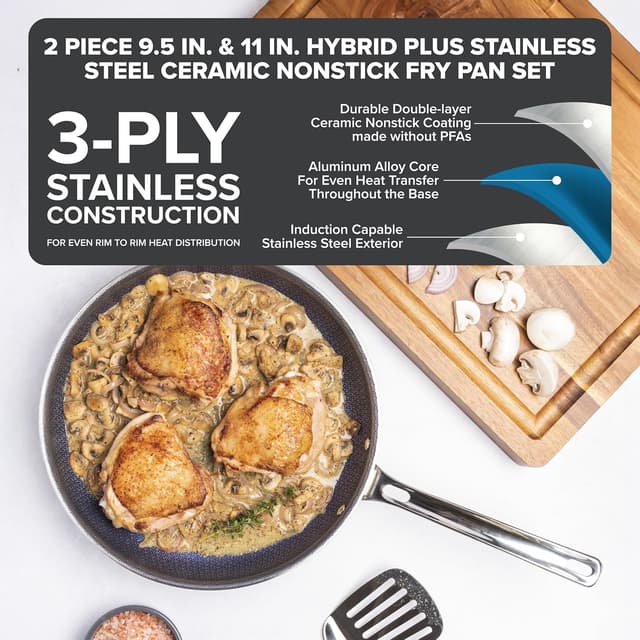 Detalle 2 de Viking Hybrid Plus 3-Ply Ceramic Nonstick Frying Pan Set (9.5” & 11”), PFAS-Free, Induction Compatible