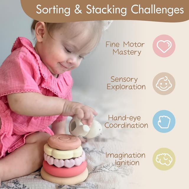 Detalle de Moonkie Bunny Baby Stacking Toys (7-Piece Silicone Rings) for Teething Relief