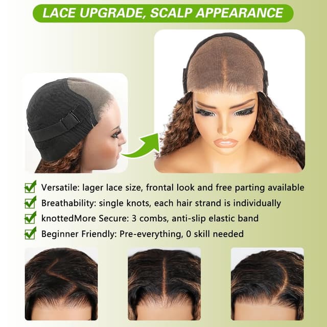 Detalle 2 de QUANDIAN 7x5 Glueless HD Lace Deep Wave Wig (26 Inch) with Drawstring, Pre-Plucked & Pre-Cut 210% Density