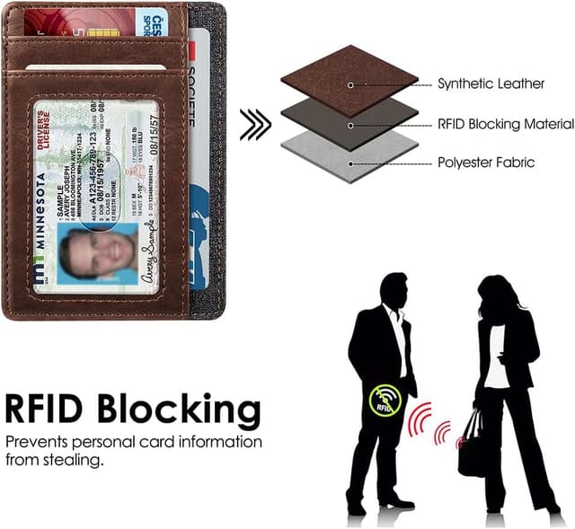 Detalle de FINTIE Flache Geldbörse Kartenetui RFID-Blocker Slim mit ID-Fenster – Braun (12 x 8,5 x 0,5 cm)