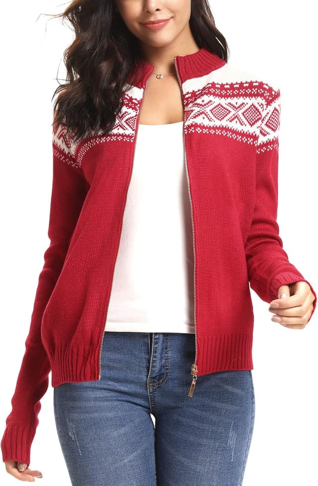 Detalle de Sykooria Women’s Christmas Knit Cardigan with Reindeer & Snowflake Print (Open Front, Zip-Up) for Autumn/Winter