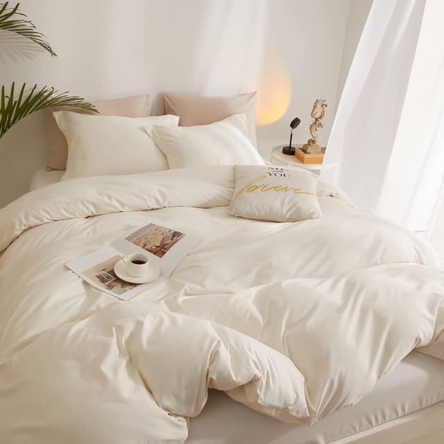 Detalle de Cream White King Duvet Cover Set (104"x90") with Zipper Closure & 2 Pillowcases, Soft Washed Microfiber Ivory Boho Bedding Set