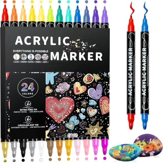 Detalle de Lamitocs Acrylic Paint Pens (Acrylic Paint Markers) – 24 Colour Dual Tip Fine & Dot Set for Rock Painting, Wood, Canvas