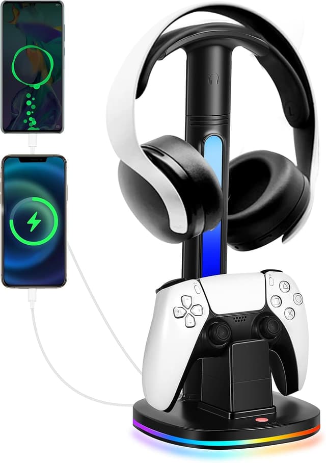 Detalle de JDGPOKOO PS5 Controller Charging Station with RGB Headphone Stand (2 USB Ports)