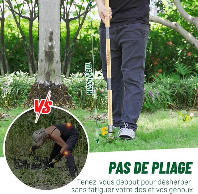 Detalle 2 de Ormalla Désherbeur manuel 1,1 m à arracher le pissenlit, manche en bambou naturel et 4 griffes métalliques