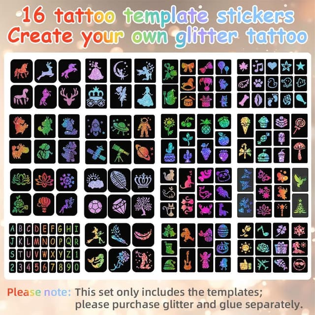 Detalle de LOPHE Pochoir de tatouage réutilisable pour aérographe — pack de 16 motifs (modèles autocollants) pour enfant