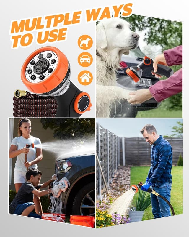 Detalle de 150FT Expandable Garden Hose with 10-Function Thumb-Control Spray Nozzle (Orange) – Leak-Proof & Kink-Free