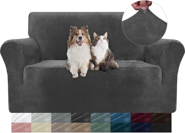 Detalle de YSTELLAA housse de canapé en velours extensible 2 places universelle avec accoudoirs – gris