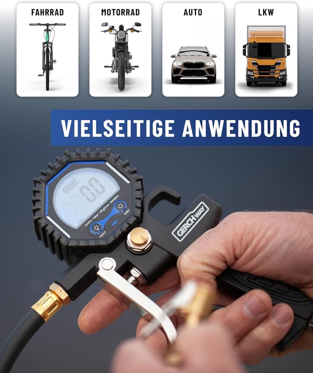 Thumbnail 6 de GERCHWAY Digitaler Reifenfüller mit Manometer – digitaler Reifendruckprüfer 0–14 bar (±1% Messgenauigkeit)