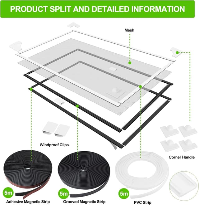 Detalle de Magnetic Fly Screen Window Adjustable DIY Max 120x110cm Fibreglass Mesh with Strong Magnetic Strip