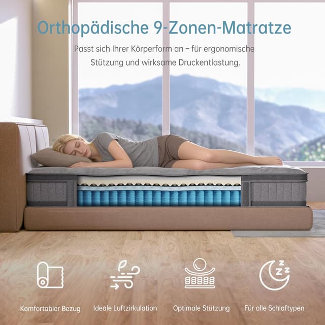 Detalle de TeQsli Gel Taschenfederkernmatratze 90x200 cm H3 mittelfest (25 cm) – 9-Zonen mit Gel-Memory-Schaum
