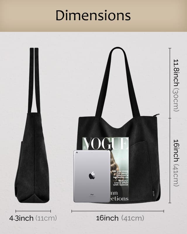 Detalle de Prite Corduroy Tote Bag for Women – Large Shoulder Bag with Zip, Pockets for College, Work, Travel & Shopping (Black)