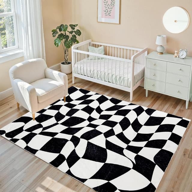 Detalle de USTIDE Large Black and White Checkered Rug, 120x180cm – washable fluffy indoor area rug