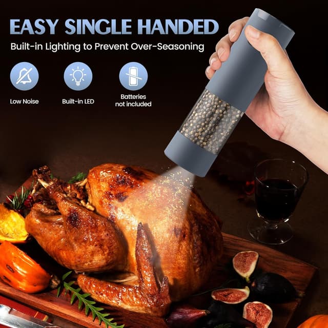 Detalle de Electric Salt and Pepper Grinder Set with Adjustable Levels, LED Light, and 4 AAA Battery Power (Grey)