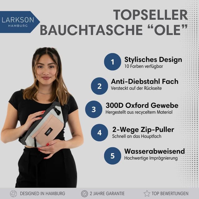 Detalle de LARKSON Bauchtasche für Damen & Herren Rosa „Ole“ – Wasserabweisende Hüfttasche für Sport, Outdoor & Stadt
