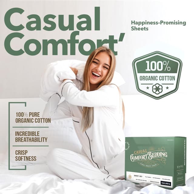 Detalle de TEXAS LINEN CO. 100% Organic Cotton Percale Queen Sheet Set (4-Piece) — 16" Deep Pocket, White