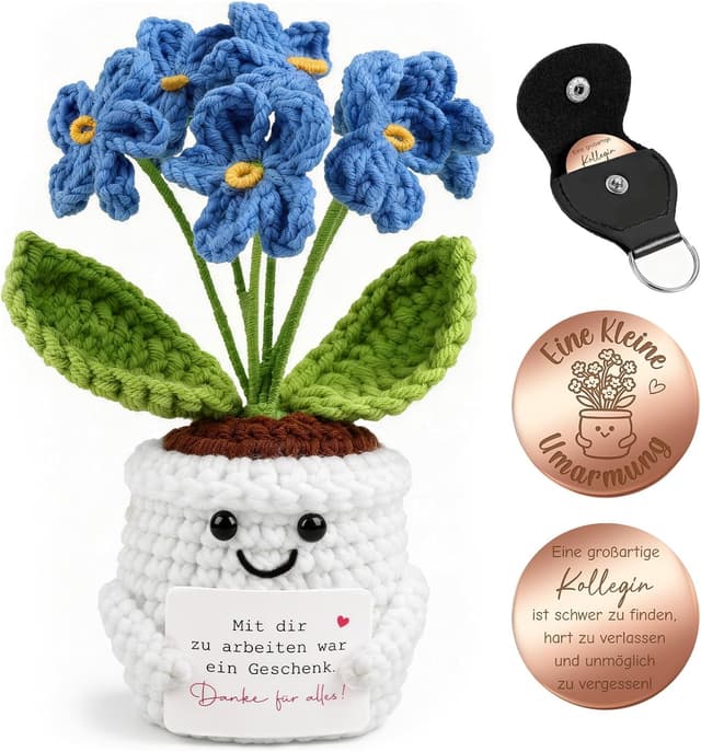 Detalle de Giftota Abschiedsgeschenk für Kollegin: Pocket Hug Vergissmeinnicht mit Glücksmünze & Lederetui