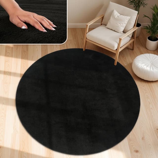 Detalle de Paco Home tapis de salon moelleux ultra doux à poils courts 120 cm rond noir (antidérapant, lavable)