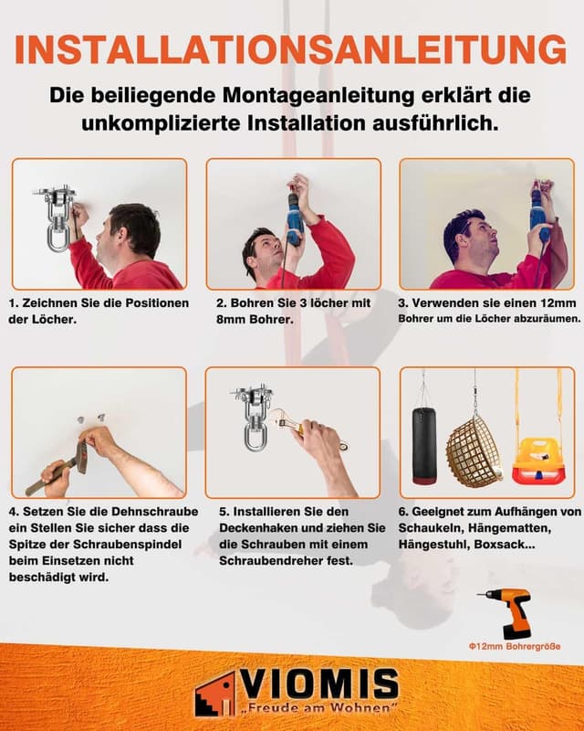 Thumbnail 6 de Viomis Edelstahl-Deckenhaken 360° drehbar – universal für Schaukeln, Hängematten & Boxsäcke (bis 450 kg)