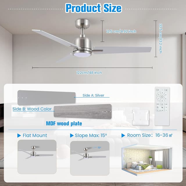 Detalle 2 de Newday Deckenventilator Holz & Silber 122 cm mit Beleuchtung, dimmbar & Fernbedienung