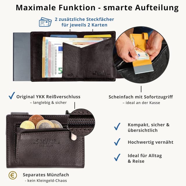 Detalle de SecWal Kartenetui mit Münzfach & Reißverschluss aus Echtleder (RFID-geschützt) – Mini-Geldbörse klein 9,5 × 7,0 × 2 cm