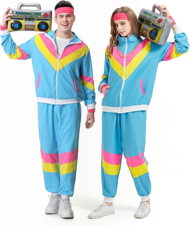 Detalle 2 de Coseaon 80er/90er Trainingsanzug-Set für Herren & Damen – Jacke, Hose und Retro-Accessoires