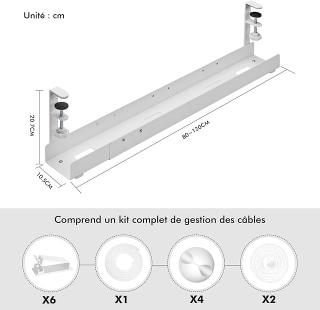 Thumbnail 6 de Mimoke goulotte de câbles de bureau extensible 800 à 1200 mm (blanc) – montage par serrage