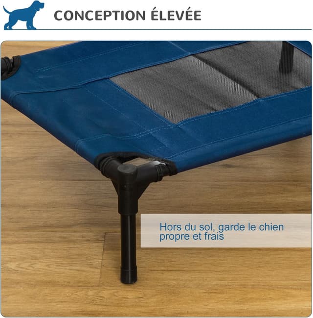Detalle 2 de PawHut lit surélevé pour chiens et chats (tissu Oxford/textilène) bleu et noir 61 x 46 x 18 cm