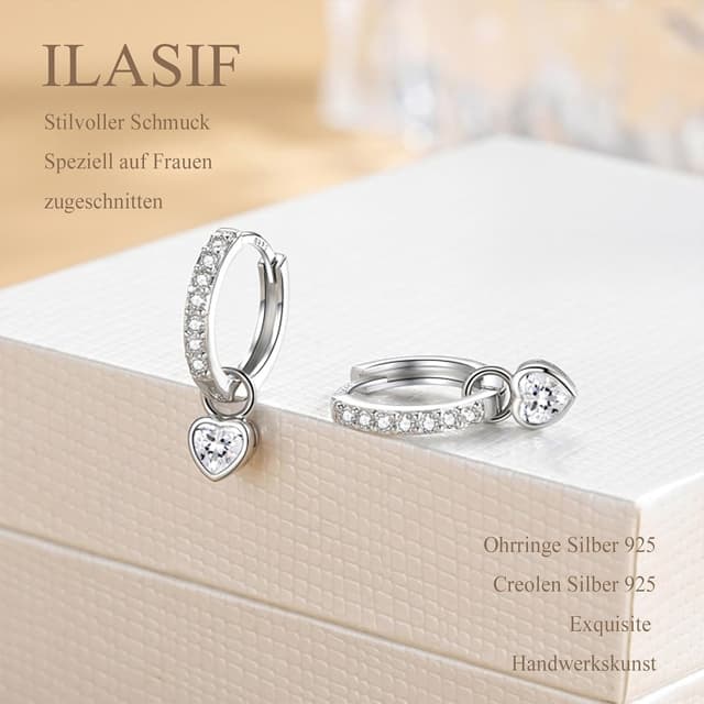 Detalle de Ohrringe Silber 925 Hängende Creolen mit Herz und Zirkonia (14K Weißgold vergoldet) – für Damen & Mädchen