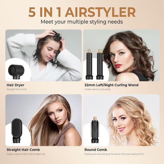 Detalle 2 de UKLISS Set Styler per Capelli 5 in 1 (Airstyler/air curlers) con asciugacapelli e accessori per volume, ricci e lisci