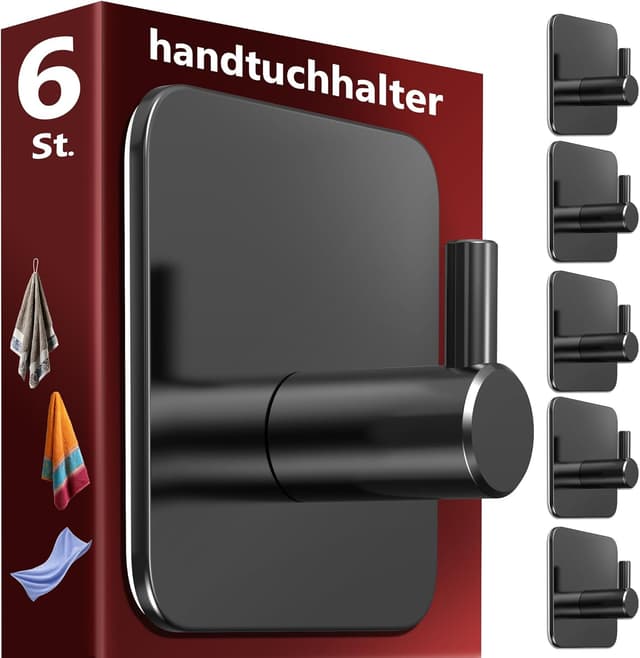 Detalle de Menz Handtuchhaken ohne Bohren, 6er-Set – schwarze selbstklebende Handtuchhalter aus Edelstahl