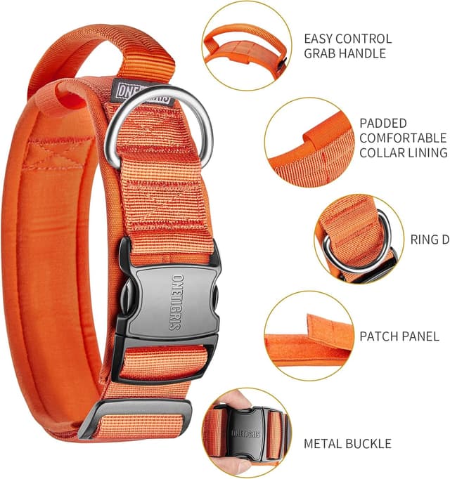Detalle de OneTigris Tactical Dog Collar with Handle (Large, Orange) – Adjustable nylon military-style dog collar for training and walking