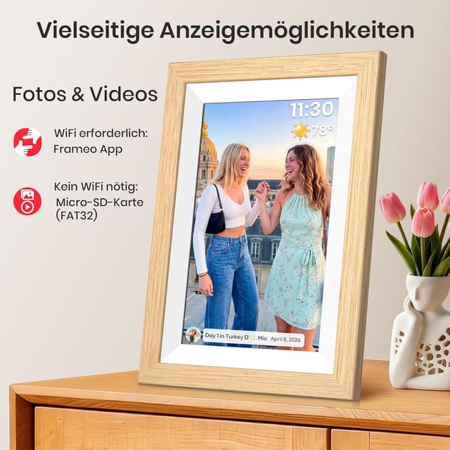 Detalle de Frameo WLAN digitaler Bilderrahmen 10,1 Zoll (HD, 1280×800 IPS) mit 32 GB Speicher und Touchscreen