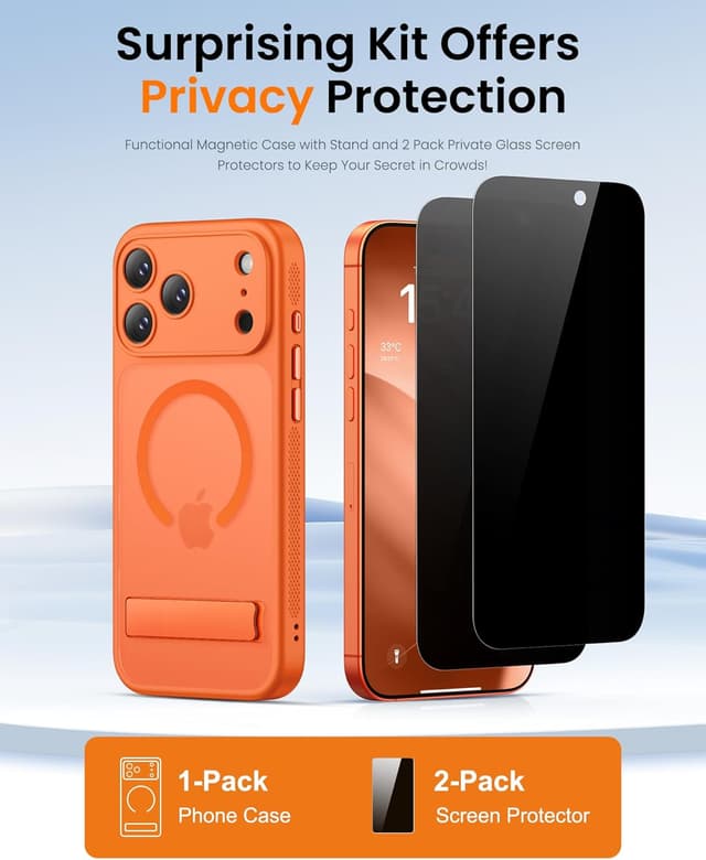Detalle de BXYJY Magnetic Case with Stand for iPhone 17 Pro Max (Orange) + Privacy Screen Protectors + Camera Control