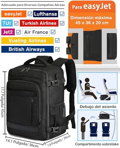 Thumbnail 1 de KLOSTAIN Mochila Viaje Cabina Avion 45x36X20 para Easyjet 30L Mochila Cabina Equipaje de Mano Bolso Mochilas Hombre para Portatil de 14 Pulgadas Mochila de Viaje Escuela Trabajo Negro