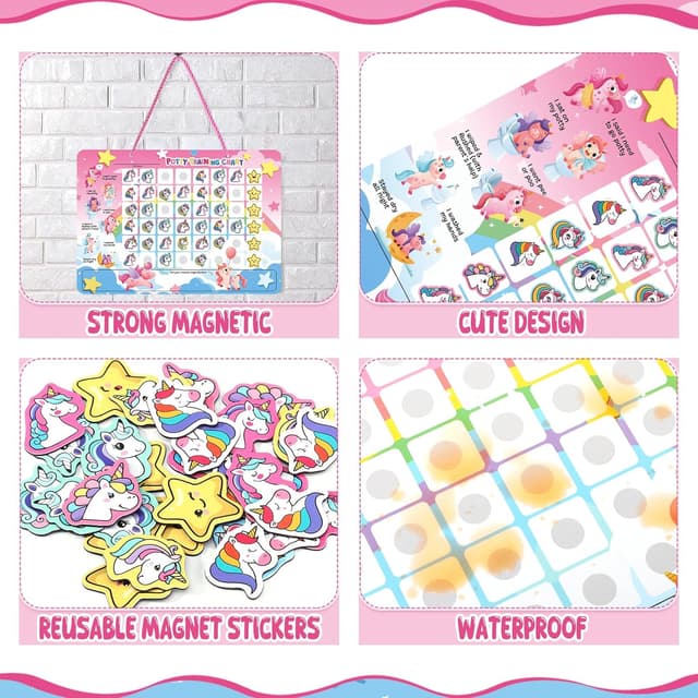 Detalle de Magnetic Potty Training Reward Chart with 60 Reusable Stickers (Unicorn) for Toddlers