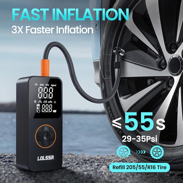 Detalle 2 de Portable Tire Inflator Air Compressor (150 PSI) Cordless Electric for Car, Motorcycle, Bike, Ball with Tire Gauge, Dual-Use