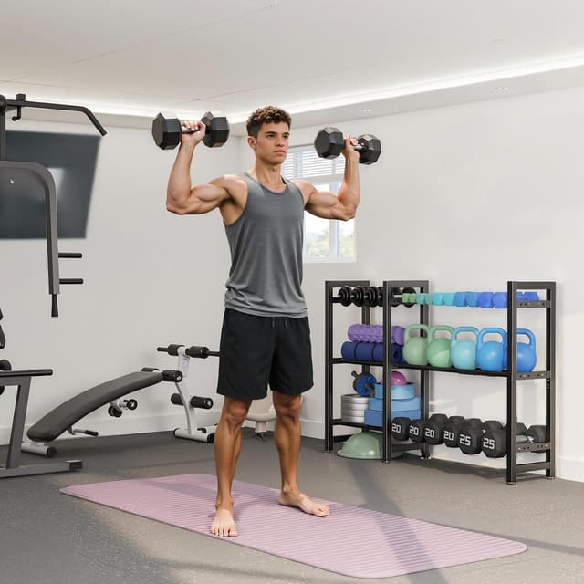 Detalle de Rastrelliera per manubri a 3 livelli da 127 cm con spaziatura regolabile, per palestra domestica