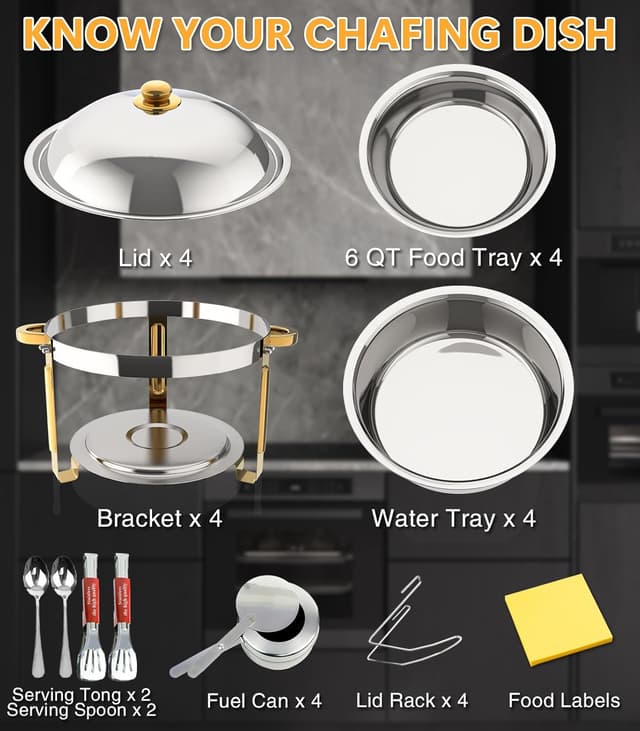 Detalle de Chafing Dishes for Buffet (4 Pack) 6QT Round Stainless Steel Buffet Food Warmers Set