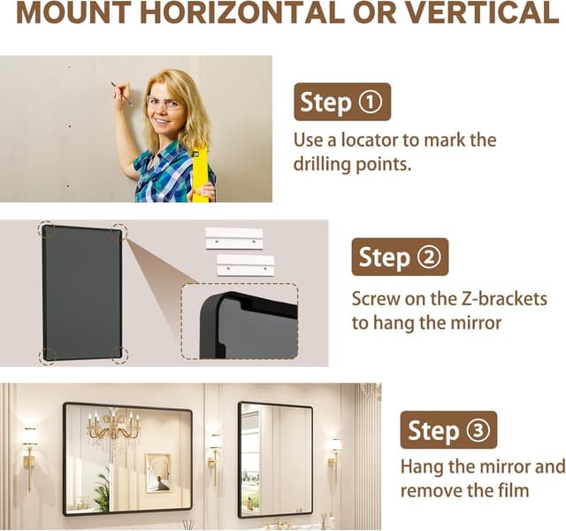 Detalle 2 de pertetey New Upgrade Bathroom Mirror (24x36 in) — Black Metal Frame, Tempered Glass