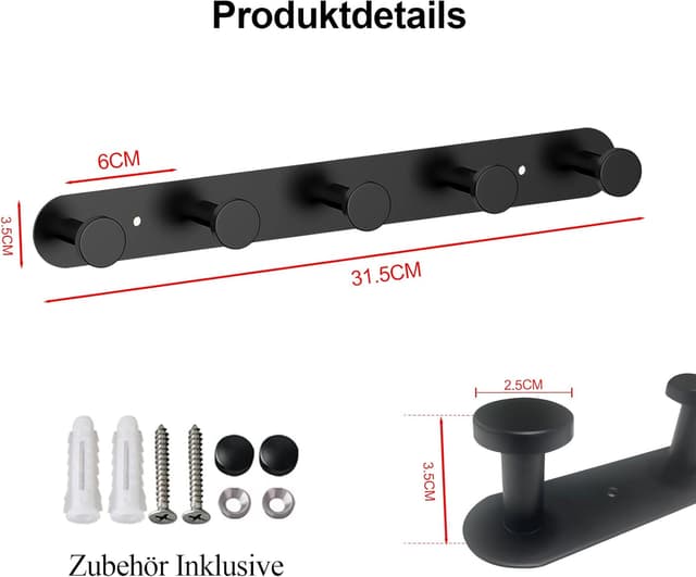 Detalle de Loputon Garderobenhaken aus Edelstahl mit 5 Haken (Wandgarderobe, schwarz) – zum Ordnen von Jacken & mehr